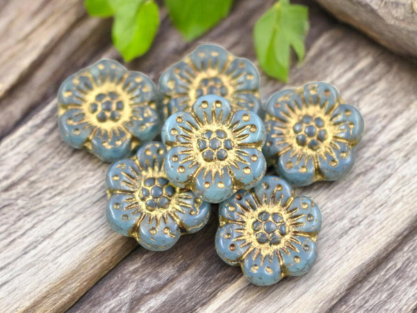 *12* 14mm Dark Bronze Washed Blue Opaline Wildflower Beads