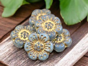 *12* 14mm Dark Bronze Washed Blue Opaline Wildflower Beads