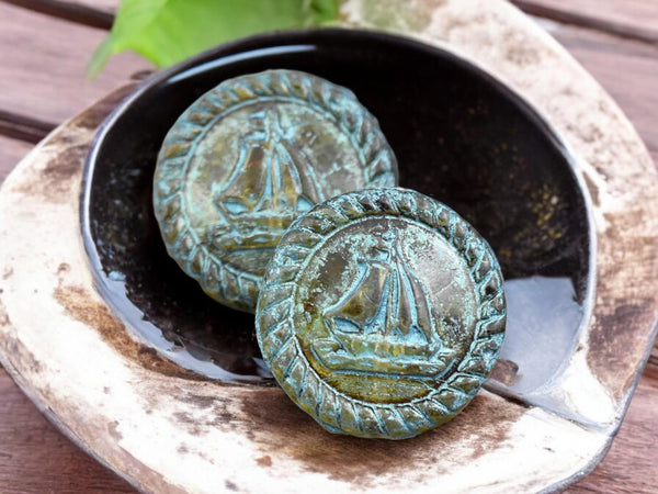 *2* 20mm Turquoise Washed Crystal Travertine Sailboat Coin Beads