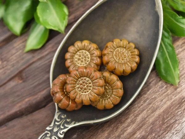 *12* 13mm Dark Bronze Washed Opaque Ochre Yellow Sunflower Coin Beads