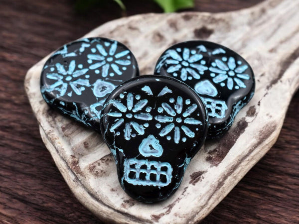 *4* 20x17mm Turquoise Washed Jet Black Sugar Skull Beads