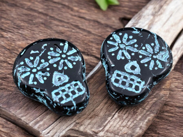 *4* 20x17mm Turquoise Washed Jet Black Sugar Skull Beads