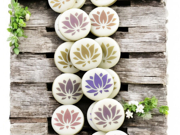 *8* 17mm Matte Opaque Ivory Sliperit Laser Etched Lotus Coin Beads