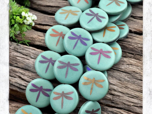 *8* 17mm Opaque Dark Turquoise Laser Tattoo Dragonfly Coin Beads