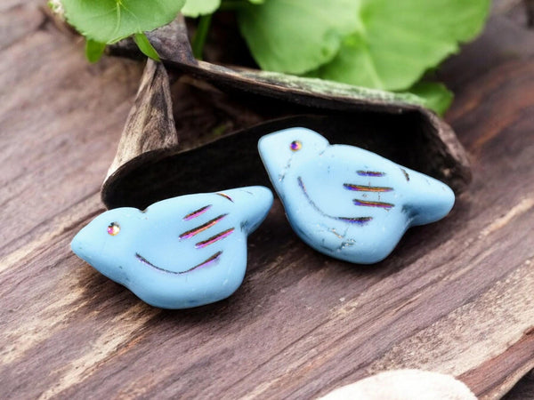 *6* 11x22mm Rainbow Mettalic Washed Opaque Matte Sky Blue Bird Beads