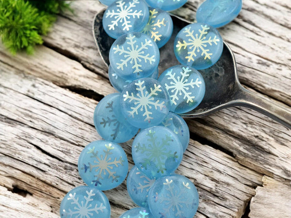 Czech Glass Beads - Snowflake Beads - Focal Beads - Laser Etched Beads - Coin Beads - 14mm - 8pcs - (2283)