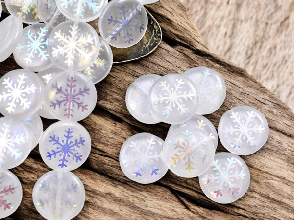 Czech Glass Beads - Snowflake Beads - Focal Beads - Laser Etched Beads - Coin Beads - 8pcs