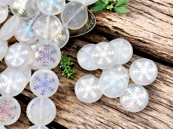 Czech Glass Beads - Snowflake Beads - Focal Beads - Laser Etched Beads - Coin Beads - 8pcs