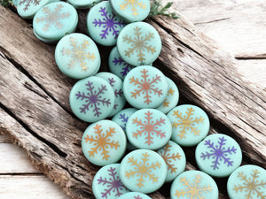 *8* 17mm Opaque Turquoise Satin Sliperit Laser Tattoo Snowflake Coin Beads