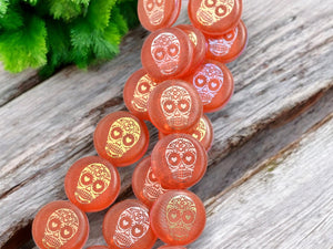 Czech Glass Beads - Sugar Skull Beads - Halloween Beads - Dia De Los Muertos Beads - Laser Tattoo Beads - 14mm - 8pcs - (4667)