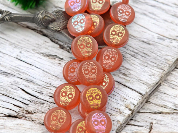 Czech Glass Beads - Sugar Skull Beads - Halloween Beads - Dia De Los Muertos Beads - Laser Tattoo Beads - 14mm - 8pcs - (4667)