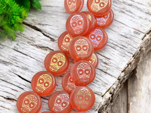 Czech Glass Beads - Sugar Skull Beads - Halloween Beads - Dia De Los Muertos Beads - Laser Tattoo Beads - 14mm - 8pcs - (4667)