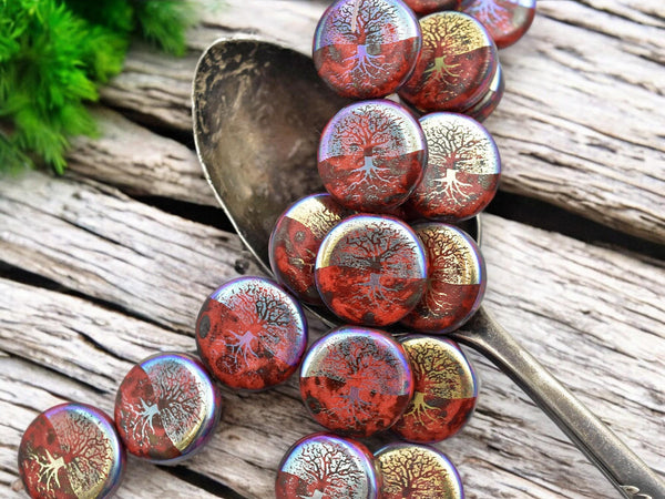 Czech Glass Beads - Tree of Life Beads - Picasso Beads - Laser Tattoo Beads - 14mm - 8pcs - (2241)