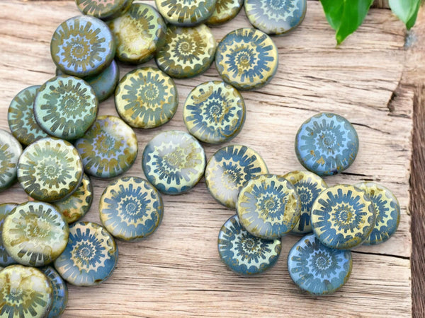 Czech Glass Beads - Laser Etched Beads - Ammonite Beads - Nautilus Beads - 14mm - 8pcs - (3594)