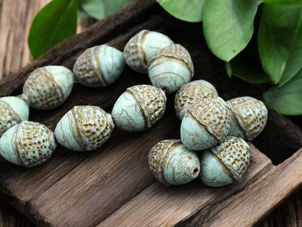 *8* 10x12mm Dark Bronze Washed Turquoise Acorn Oval Beads