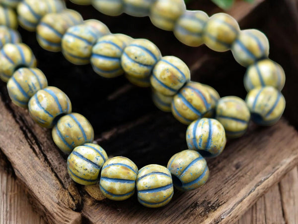 *20* 8mm Turquoise Washed Honey Beige Picasso Large Hole Melon Beads