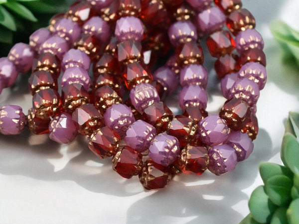 *20* 6mm Bronze Washed Mixed Pink Opal and Ruby Red Fire Polished Cathedral Beads