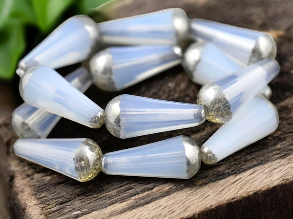 *2* 8x20mm Silver Tipped Crystal Opaline Faceted Drop Beads