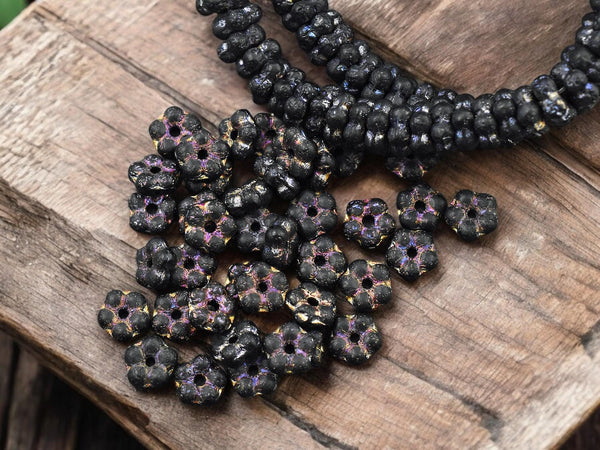 *50* 5mm Etched Opaque Black Peacock AB Forget Me Not Rondelle Daisy Beads