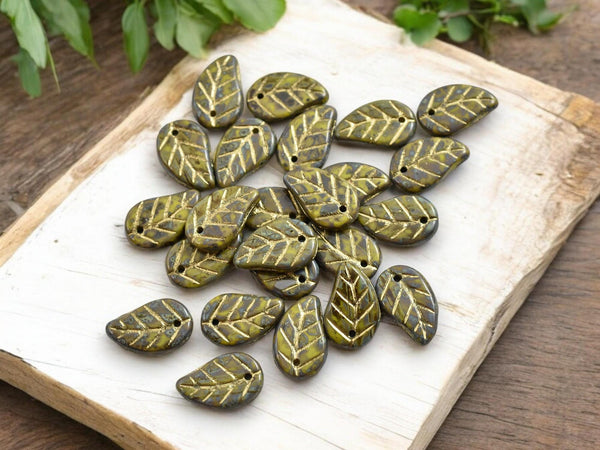 Picasso Beads - Top Hole Leaf - Czech Glass Beads - Leaf Beads - Top Drilled Leaf - 15x9mm- 25pcs - (2138)