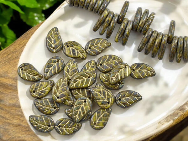 Picasso Beads - Top Hole Leaf - Czech Glass Beads - Leaf Beads - Top Drilled Leaf - 15x9mm- 25pcs - (2138)