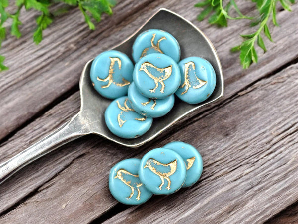 *15* 12mm Gold Washed Opaque Teal Turquoise Bird Coin Beads