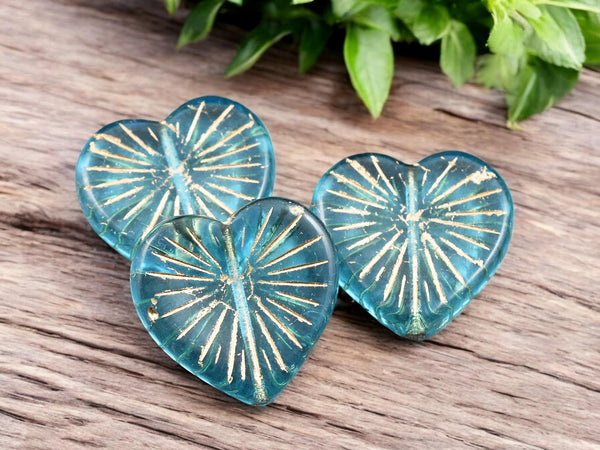 *4* 22mm Bronze Washed Blue Aqua Heart Beads