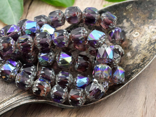 *15* 8mm Amethyst Picasso AB Fire Polished Cathedral Beads