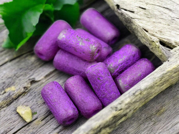 *10* 14x7mm Etched Purple Pansy Large Hole Tube Beads