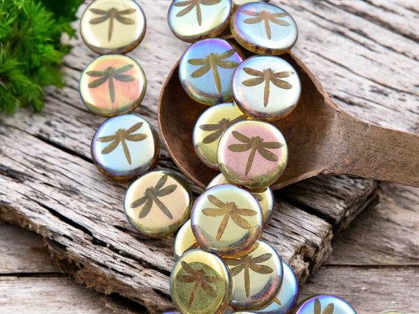 Czech Glass Beads - Laser Etched Beads - Dragonfly Beads - Tattoo Beads - 17mm - 8pcs - (B250)