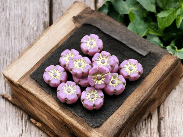 Czech Glass Beads - Hawaiian Flowers - Picasso Beads - Pink Flower Beads - Hibiscus Flower - 10mm - 12pcs (5138)