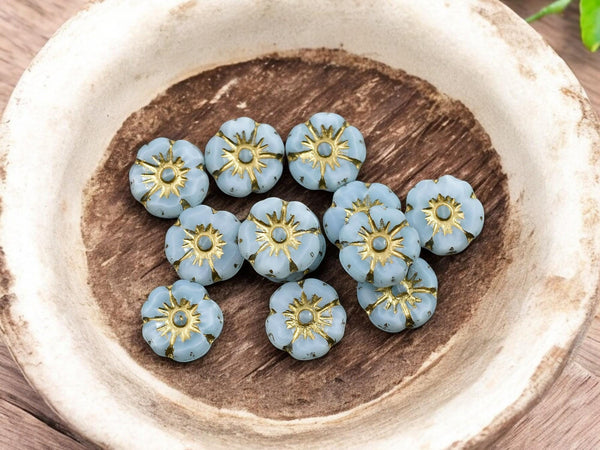 Czech Glass Beads - Hawaiian Flowers - Picasso Beads - Blue Flower Beads - Hibiscus Flower - 10mm - 12pcs - (4707)