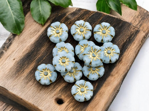 Czech Glass Beads - Hawaiian Flowers - Picasso Beads - Blue Flower Beads - Hibiscus Flower - 10mm - 12pcs - (4707)