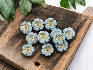 Czech Glass Beads - Hawaiian Flowers - Picasso Beads - Blue Flower Beads - Hibiscus Flower - 10mm - 12pcs - (4707)