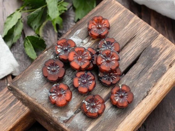 Czech Glass Beads - Hawaiian Flowers - Picasso Beads - Orange Flower Beads - Hibiscus Flower - 10mm - 12pcs - (1913)