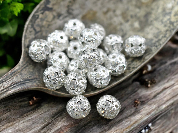 Bright Silver Rhinestone Filigree Round Beads -- Choose Your Size