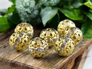 Gold Rhinestone Filigree Round Beads -- Choose Your Size