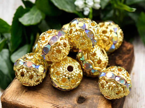 Gold w/Crystal AB Rhinestone Filigree Round Beads -- Choose Your Size