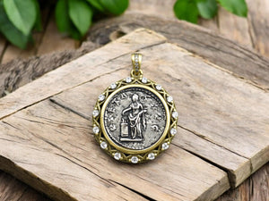 Roman Coin Pendants - Metal Pendants - Rhinestone Pendant - Micro Pave - Cubic Zirzonia - 29x27mm - (5576)