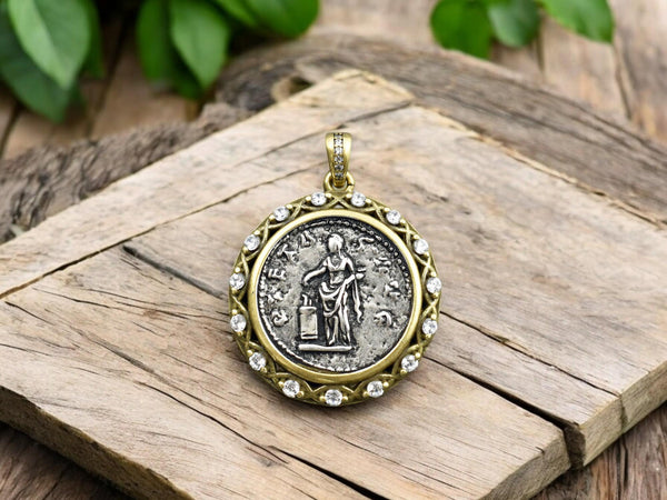 Roman Coin Pendants - Metal Pendants - Rhinestone Pendant - Micro Pave - Cubic Zirzonia - 29x27mm - (5576)