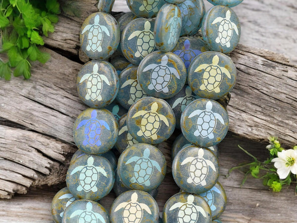 *8* 13mm Matte Blue Aqua Picasso AB Laser Tattoo Turtle Coin Beads