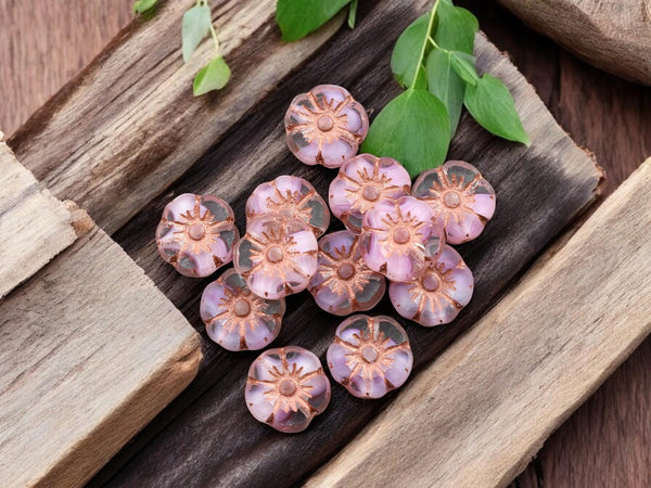 Czech Glass Beads - Hawaiian Flowers - Picasso Beads - Pink Flower Beads - Hibiscus Flower - 10mm - 12pcs (5725)