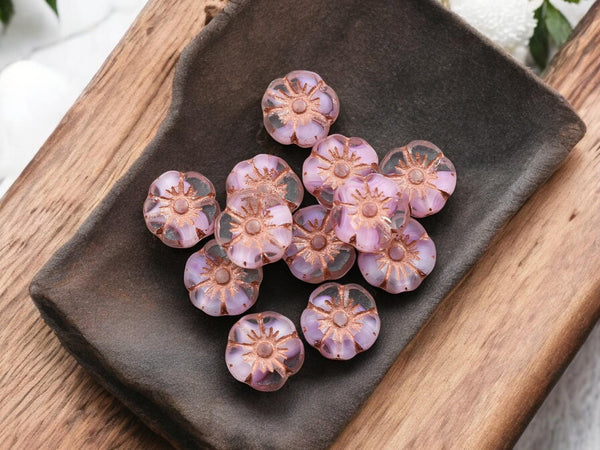 Czech Glass Beads - Hawaiian Flowers - Picasso Beads - Pink Flower Beads - Hibiscus Flower - 10mm - 12pcs (5725)