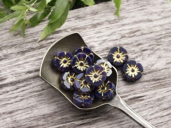 Czech Glass Beads - Hawaiian Flowers - Picasso Beads - Purple Flower Beads - Hibiscus Flower - 10mm - 12pcs (3698)