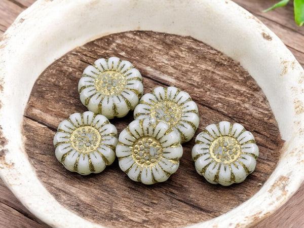 *12* 13mm Gold Washed Opaque Ivory Sunflower Coin Beads