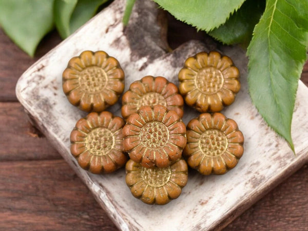 *12* 13mm Dark Bronze Washed Opaque Ochre Yellow Sunflower Coin Beads