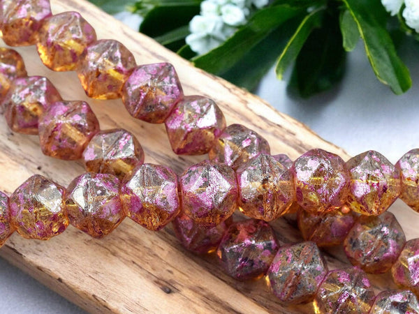 *10* 10mm Pink Washed Crystal Topaz Picasso Antique Cut Round Beads