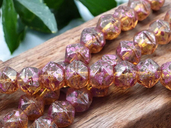 *10* 10mm Pink Washed Crystal Topaz Picasso Antique Cut Round Beads