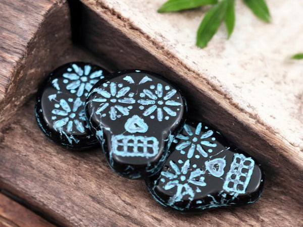 *4* 20x17mm Turquoise Washed Jet Black Sugar Skull Beads