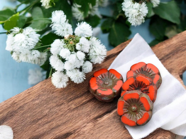 *12* 12mm Opaque Orange Picasso Hawaiian Flower Beads